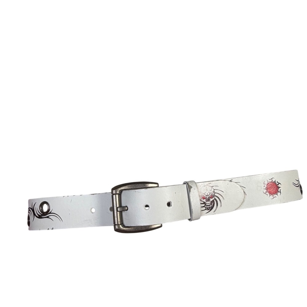 Cyber Y2K Style White Tribal Skull Graphic Bonded Leather Belt Size 32